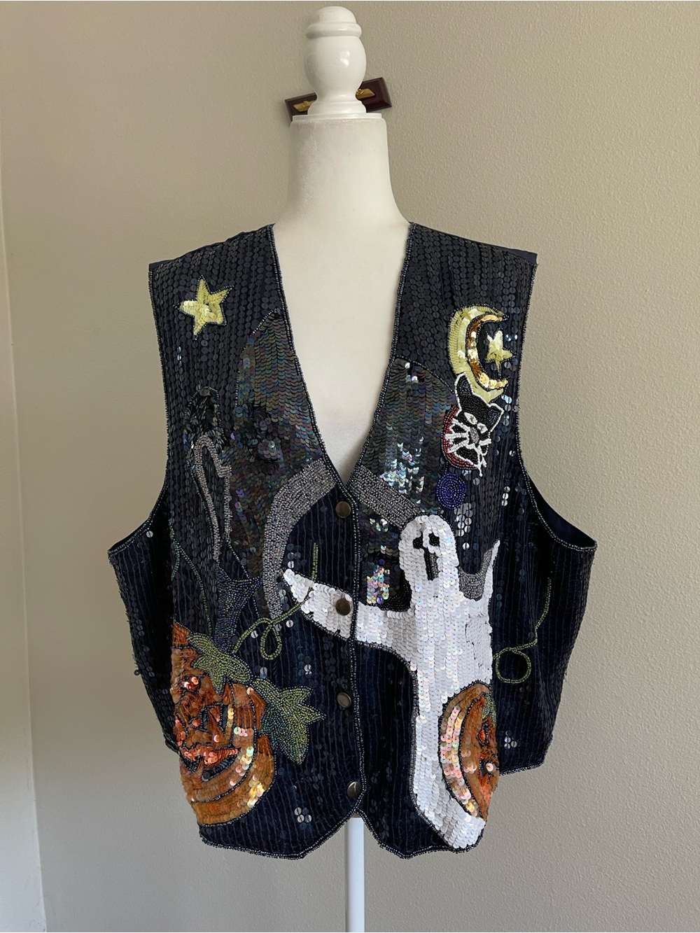 Quacker Factory Black Sequin Halloween Ghost & Pumpkin Vest